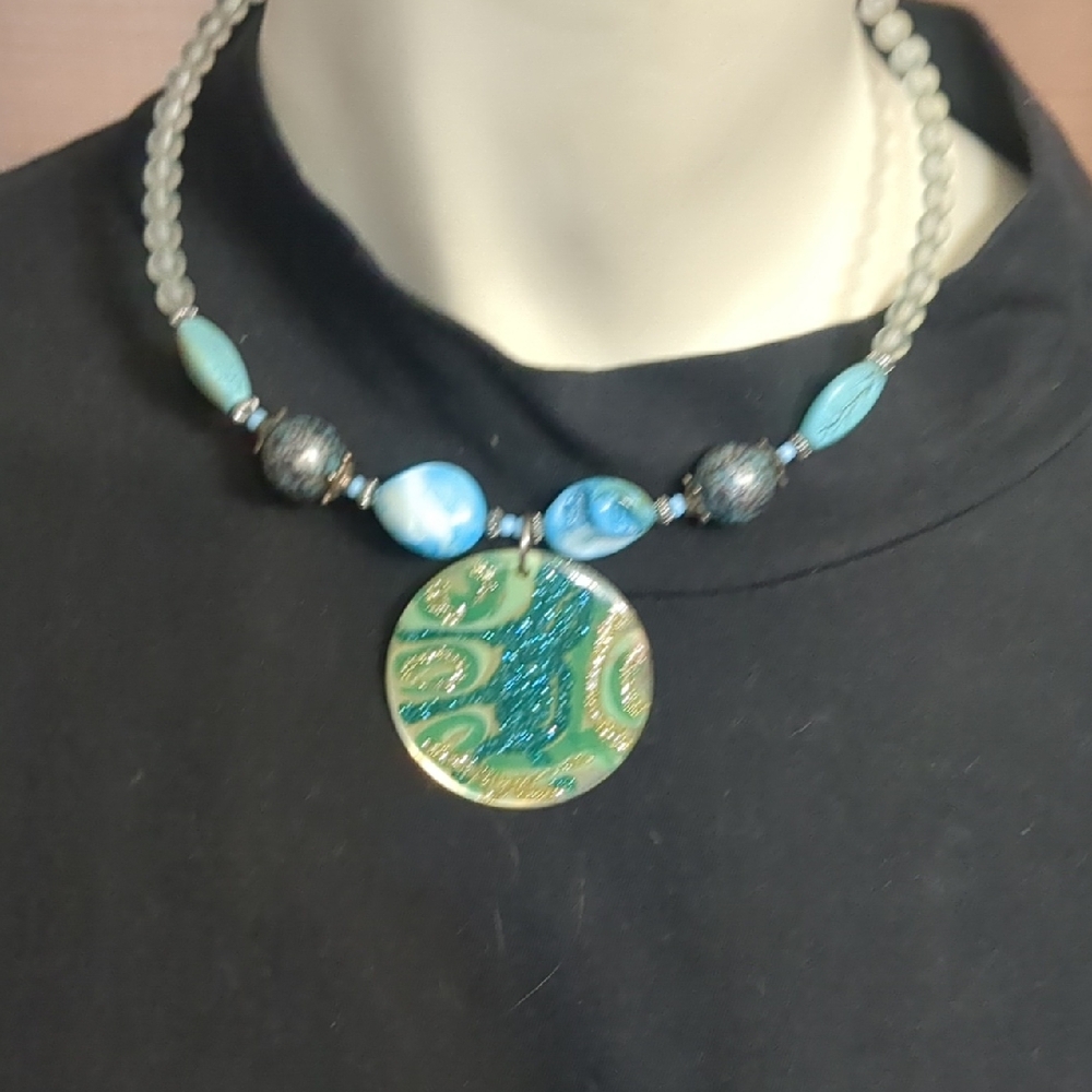 Blue-Green Artisan Glass Pendant Necklace - Women Jewelry